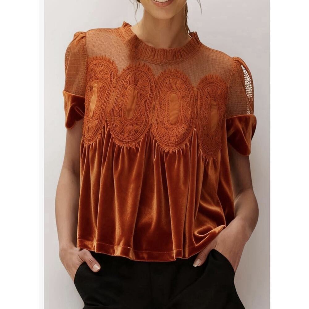 Free People Inspired Velvet Babydoll Lace Victorian Top In Orange Sz S